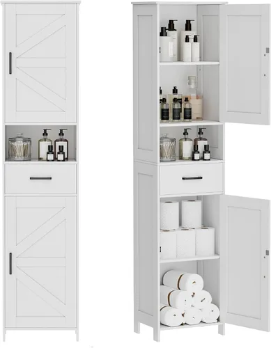 Miniatura 13 de HOMHEDY - Armario alto de 67 pulgadas con 2 puertas tipo granero, 1 cajón, estantes ajustables, unidad estrecha para baño, sala de estar, entrada