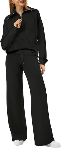 XIEERDUO Conjuntos de descanso para mujer 2023 sudadera de gran tamaño con media cremallera y pantalón deportivo de pierna ancha de 2 piezas