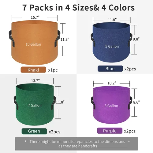 Miniatura 3 de HAOWIN Paquete de 7 bolsas de cultivo coloridas de 14.11 oz más gruesas, macetas de tela de 10 galones, 7 galones, 5 galones, 3 galones, paquete
