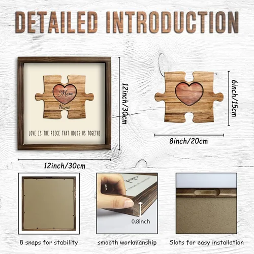 Miniatura 2 de Kas Home Letrero de madera personalizado con nombre de corazón, rompecabezas de nombre de familia personalizado con 1-8 nombres grabados, texto
