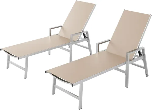 Miniatura 11 de Vexwalx Tumbona para patio al aire libre con ruedas y reposabrazos, sillas reclinables ajustables de aluminio de 5 posiciones, sillas de playa al