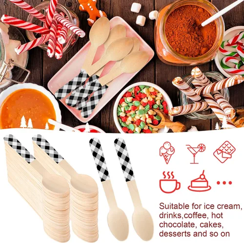 Miniatura 4 de Umigy 100 cucharas de madera desechables de 5.5 pulgadas, cucharas de madera desechables de Navidad con patrón de cuchara de madera para chocolate