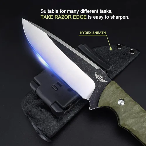 Miniatura 2 de KOMWERO Cuchillo de hoja fija con funda Kydex, hoja de acero D2 de 4.52", cuchillo de espiga completa con mango verde G10, cuchillos de caza al aire