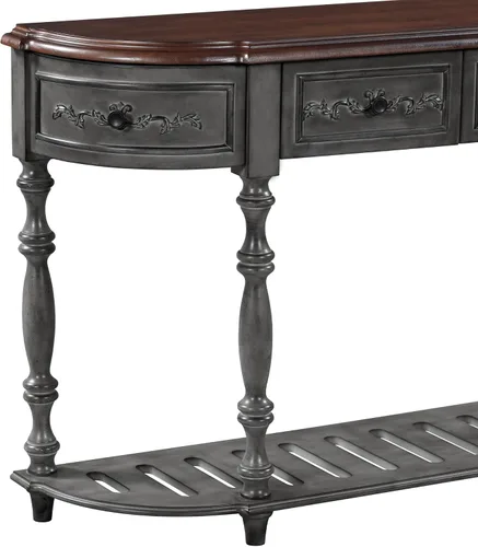 Miniatura 6 de LUMISOL Mesa de sofá estrecha con diseño curvo circular retro, mesa de consola con 4 cajones de almacenamiento y estante abierto, gris retro Gris