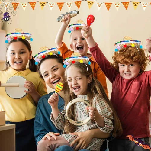 Miniatura 5 de Jexine Juego de 30 piezas de fiesta de Cinco de Mayo, incluye 10 diademas mexicanas con sombrero y 20 maracas de madera, mini sombreros