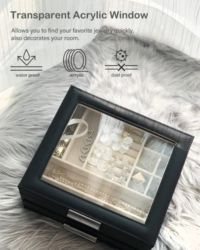 Miniatura 5 de Joyero con parte superior transparente, organizador grande de 3 capas para mujeres, aretes, anillos, collares, organizador de almacenamiento