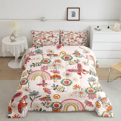 Miniatura 19 de Lindo juego de edredón de flores para niños y mujeres. Juego de ropa de cama de flores coloridas de dibujos animados, tamaño individual, bonito