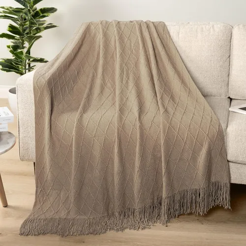Miniatura 7 de PAVILIA Manta de punto marrón claro para sofá, cama individual, cobija suave de estilo granja para sofá del salón, ligera decorativa para otoño