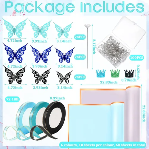 Miniatura 2 de Qilery 243 piezas de papel de regalo para ramo de flores, impermeable, suministros de floristería con decoración de mariposas, coronas, cintas