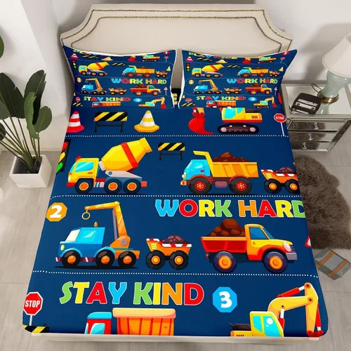 Miniatura 5 de Manfei Sábana bajera ajustable de dibujos animados para niños, tamaño individual, bonito juego de ropa de cama con excavadora, camión, tractor
