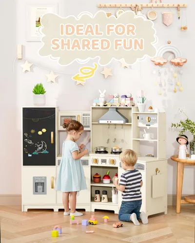 Miniatura 5 de MAMIZO Cocina de Juego de Esquina de Madera, Gran Juego de Cocina Interactivo Definitivo para Niños Pequeños de Simulación con Pizarra, Estufa