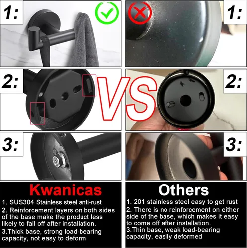 Miniatura 5 de Ganchos para toallas para baños, gancho negro mate para toallas de cocina y baño, gancho de acero inoxidable SUS304, ganchos dobles resistentes