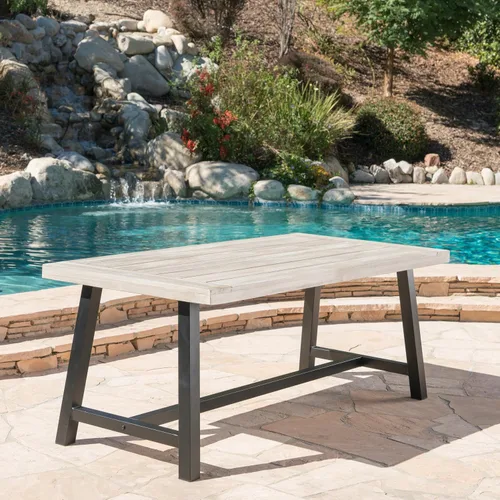 Miniatura 6 de Mesa de comedor de madera de chorro de arena gris claro al aire libre con metal rústico negro e
