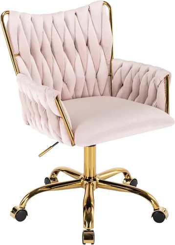Miniatura 13 de Westice Silla de Escritorio de Terciopelo, Silla Cómoda Dorada para Oficina en Casa con Respaldo Tejido a Mano, Silla Giratoria de Altura Ajustable