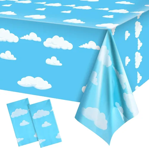 Tatuo Mantel de historias de dibujos animados con nubes blancas y cielo azul para decoración de cumpleaños, 54 x 108 pulgadas (2 piezas)