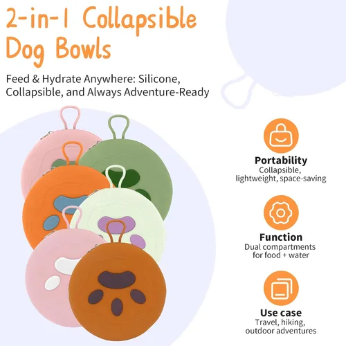 Miniatura 8 de Cuencos plegables para perros, 2 en 1, comedero de agua y alimentos portátiles para mascotas, viajes, campamento y caminar, 25 onzas (azul naranja)