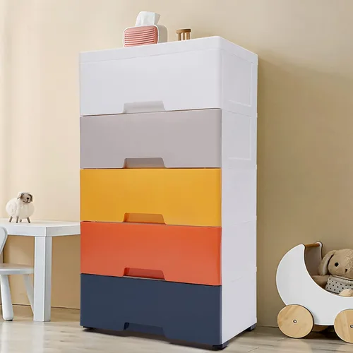 Cómoda de cajones de plástico, armario de almacenamiento con 5 cajones, organizador alto con 4 ruedas para ropa, sala de juegos, dormitorio, muebles