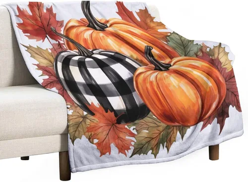 Miniatura 12 de Manta de lana cuadriculada con diseño de calabaza, hojas de arce, Acción de Gracias, manta de cama para otoño, Acción de Gracias, ligera, súper