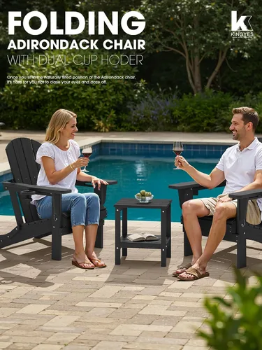 Miniatura 5 de KINGYES Silla plegable Adirondack con portavasos dobles - Sillas de exterior de HDPE para todo clima, silla de patio tipo madera para el patio Negro