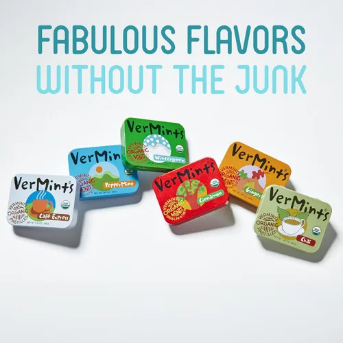 Miniatura 9 de Mentas orgánicas de VerMints, sabor a menta, todo natural, sin OMG, sin nueces, sin gluten, vegano, KSA Kosher, paquete de 6, latas de 1.41 onzas