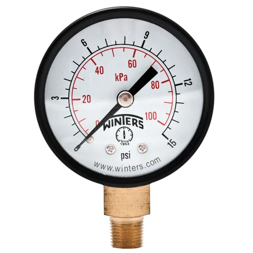 Miniatura 3 de Winters - Medidor de presión en seco de utilidad económica, interior de latón, caja de acero negro, escala doble 0-200 psi/kPa, 3-2-3% de precisión