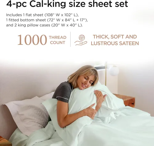 Miniatura 2 de Threadmill Sábanas California King, sábanas de algodón Supima americano certificado, 1000 hilos, calidad hotelera, juego de sábanas de lujo de 4