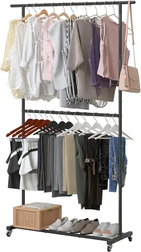Miniatura 11 de Sywhitta Perchero de ropa de doble barra, colgador de abrigos rodante con malla inferior, perchero para colgar ropa, abrigos, faldas, suéteres