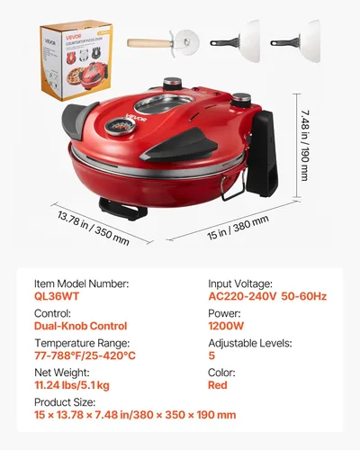 Miniatura 7 de VEVOR Horno para pizza, máquina eléctrica de pizza de 12 pulgadas, cocina de encimera de 1200 W con piedra de cordierita, perilla de control de Rojo