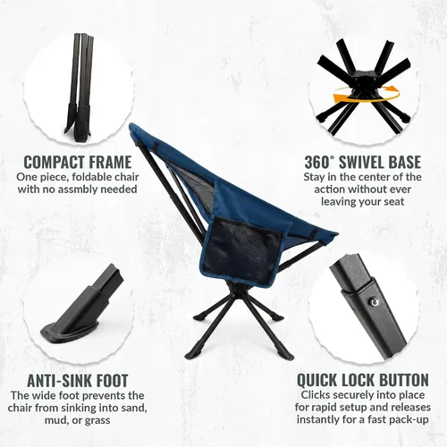 Miniatura 7 de Silla de camping giratoria de rotación de 360° - Capacidad para 330 libras, pequeña silla plegable portátil, silla compacta ultraligera de 4 libras
