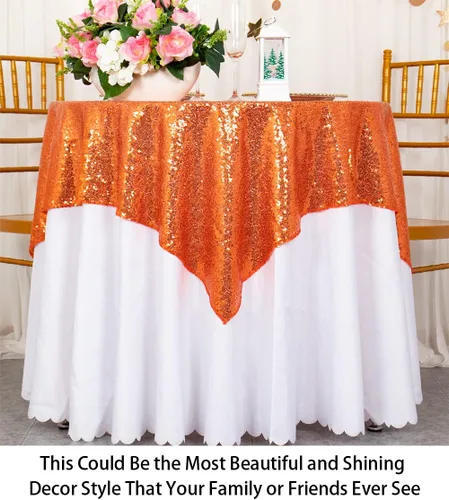 Miniatura 4 de ShinyBeauty Mantel cuadrado naranja de 50 x 50 pulgadas, mantel de lentejuelas para decoración de cumpleaños, mantel cuadrado brillante para mesa