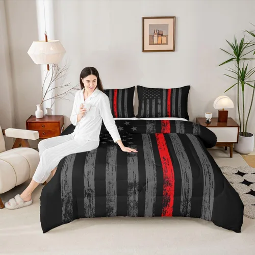 Miniatura 4 de Erosebridal - Juego de edredón con bandera americana tamaño king, juego de ropa de cama negro gris rojo con líneas de bandera, ropa de cama