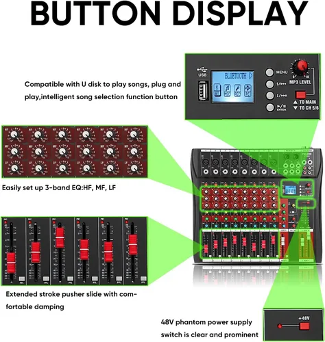 Miniatura 7 de FULUODE Mezclador de Audio 8 Canales, CT-80S Sistema de Sonido Profesional Tablero Mezclador de DJ Consola de Mezcla con Reverberación Reproductor