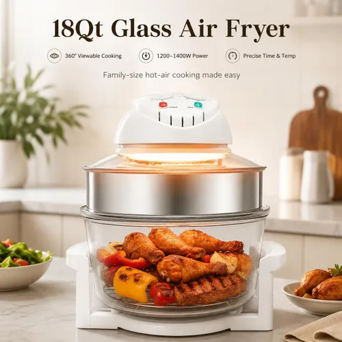 Miniatura 2 de Freidora de aire de vidrio grande de 18 cuartos – Cocina de circulación halógena y de aire caliente visible en 360°, 1200–1400 W, control preciso