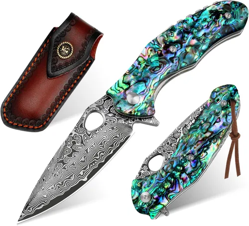 Miniatura 12 de Benkey - Navaja de bolsillo de acero de Damasco con funda de cuero con clip, cuchillo plegable con núcleo VG10 afilado, EDC con bloqueo