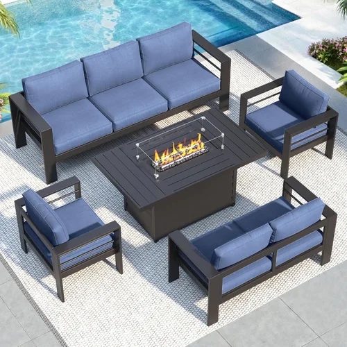 Miniatura 22 de Solaste Juego de muebles de patio de aluminio para todo tipo de clima, moderno juego de muebles de metal para exteriores con asientos profundos