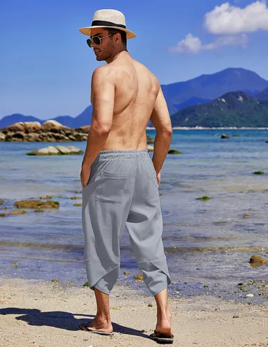 Miniatura 4 de COOFANDY Pantalones capri harén de lino para hombre, ligeros, sueltos, 34, con cordón elástico, cintura elástica, pantalones casuales para yoga