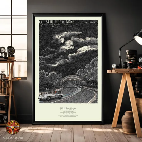 1955 24 Hours of Le Mans - Póster artístico vintage de Juan Manuel Fangio 300 SLR de tinta y acuarela para pared, el mejor regalo de decoración para