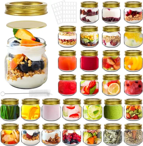 Betrome Tarros Mason de 8 onzas, paquete de 30 tarros de vidrio de 8.1 fl oz con tapas de boca regular, recipientes de almacenamiento de vidrio para