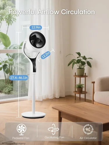 Miniatura 8 de FOHERE Ventilador de suelo, ventilador de pedestal oscilante de 120°, ventilador inteligente silencioso con luz LED, altura ajustable de 27-46