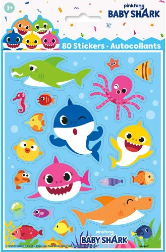 Hojas adhesivas multicolor de Baby Shark – 8 pulgadas (paquete de 4) – Decoraciones adhesivas de alta calidad para fiestas, perfectas para fiestas