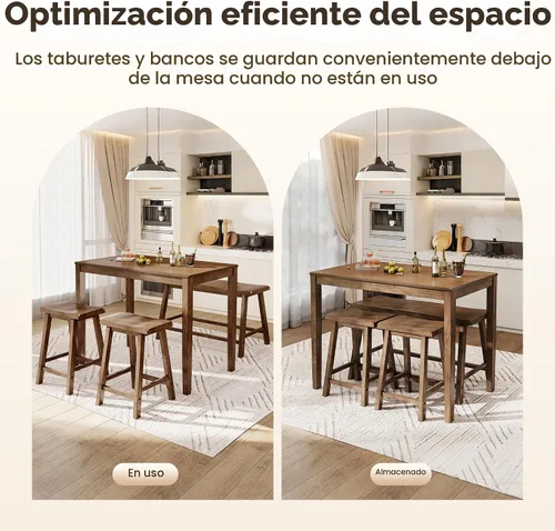 Miniatura 8 de PHI VILLA Juego de mesa de comedor de granja para 4 espacios pequeños, mesa y sillas de altura de mostrador con banco, juego de mesa de cocina alta