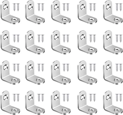 20 soportes en L de acero inoxidable, soporte de esquina de ángulo recto de 0.79 pulgadas, metal resistente, juntas de 90 grados (0.79 x 0.79 x 0.63