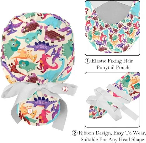 Miniatura 4 de DEYYA 2 gorras Bouffant con bolsa de cola de caballo de algodón, gorro de trabajo ajustable, gorra quirúrgica de dinosaurio, camuflaje verde