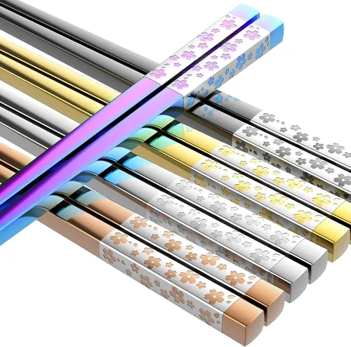 FOFAYU Palillos de metal reutilizables, 5 pares de palillos de acero inoxidable multicolor, aptos para lavavajillas, cuadrados, ligeros,