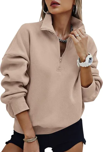 Miniatura 19 de PRETTYGARDEN Sudaderas de gran tamaño con media cremallera para mujer, sudaderas con capucha de forro polar 2025 de manga larga a la moda, tops