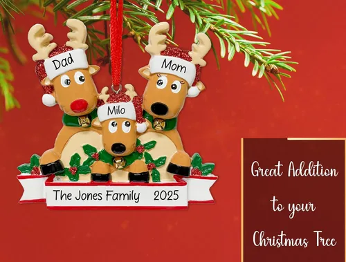 Miniatura 5 de Adorno navideño personalizado de familia de 3 renos 2026 Familia de ciervos Rodolfo para árbol de Navidad Recuerdo personalizado para padres