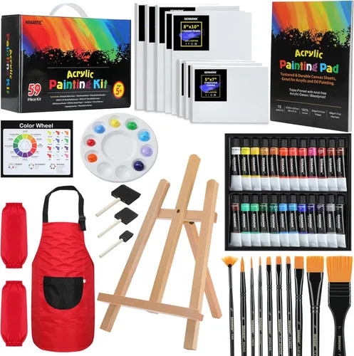 Juego de 59 piezas de pintura acrílica, kit de suministros de arte con 24 pinturas no tóxicas, caballete, pinceles, lienzo para niños, artistas y