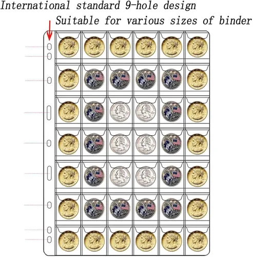 Miniatura 4 de 20 hojas de páginas de suministros para colección de monedas, páginas estándar de 9 agujeros para colección de monedas para colección de monedas