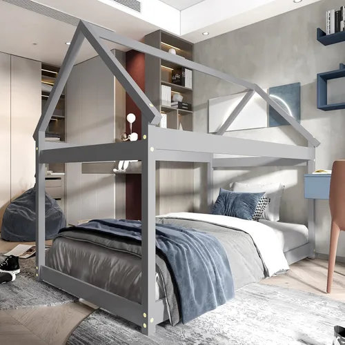 Miniatura 7 de Costzon Base de cama individual de madera, plataforma estable para niños, con techo y listones de alta resistencia, no necesita somier, bricolaje