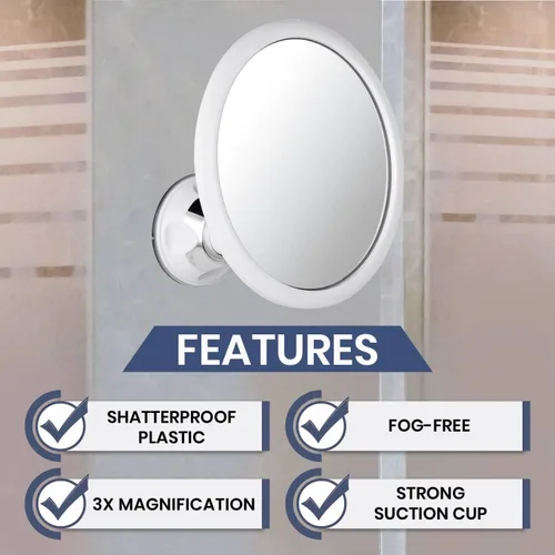 Miniatura 2 de MIRRORVANA Espejo de ducha redondo con aumento de 3X para afeitar sin empañar con ventosa fuerte y adhesiva, superficie irrompible y giro de 360°